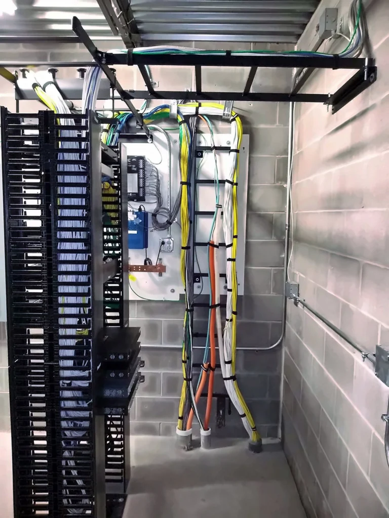 Telecom room with ladder rack, backboard, and cable bundles