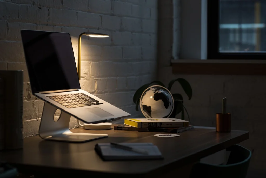 Desk with a laptop, books, and a lamp