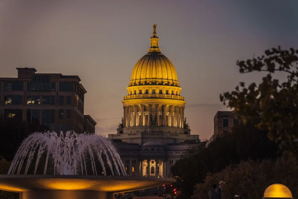 Wisconsin State Capitol dome lit at twilight, Madison area