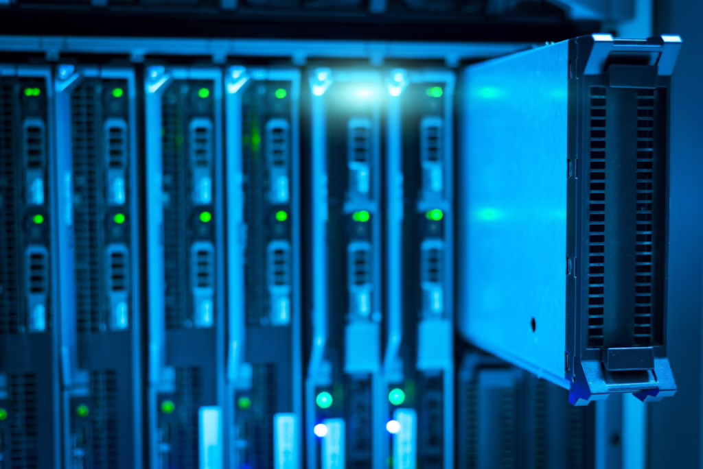 Server rack with status lights in a data room