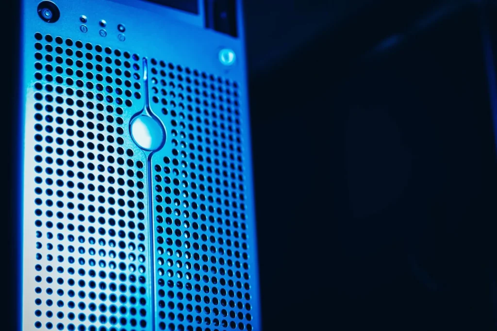 Server rack under blue light in a secured data room