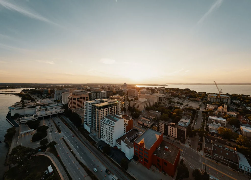 Aerial view of a Wisconsin city at sunset